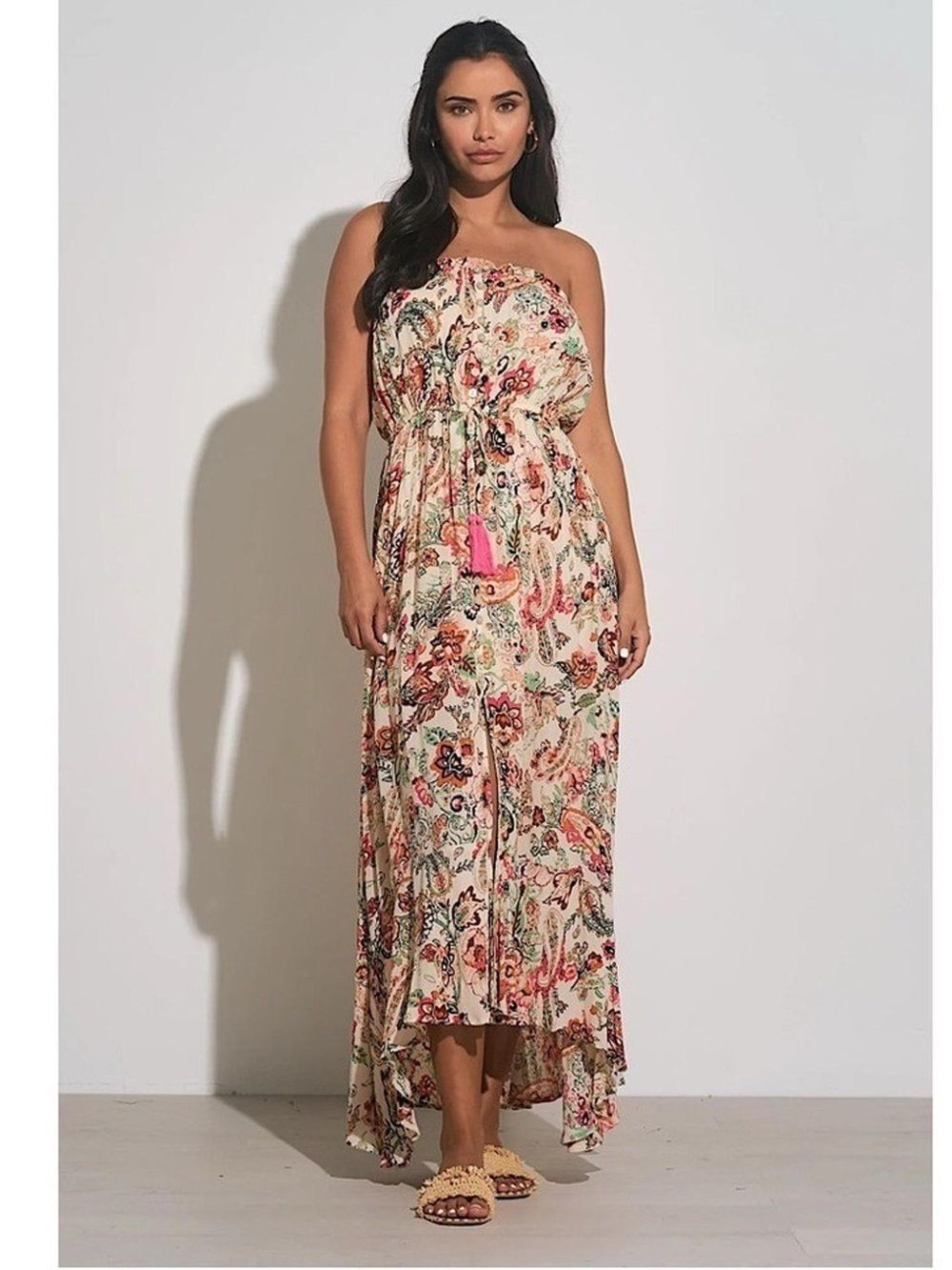 Elan Strapless Maxi Dress Tassel Drawstring Floral Boho Pink Beige XL NEW